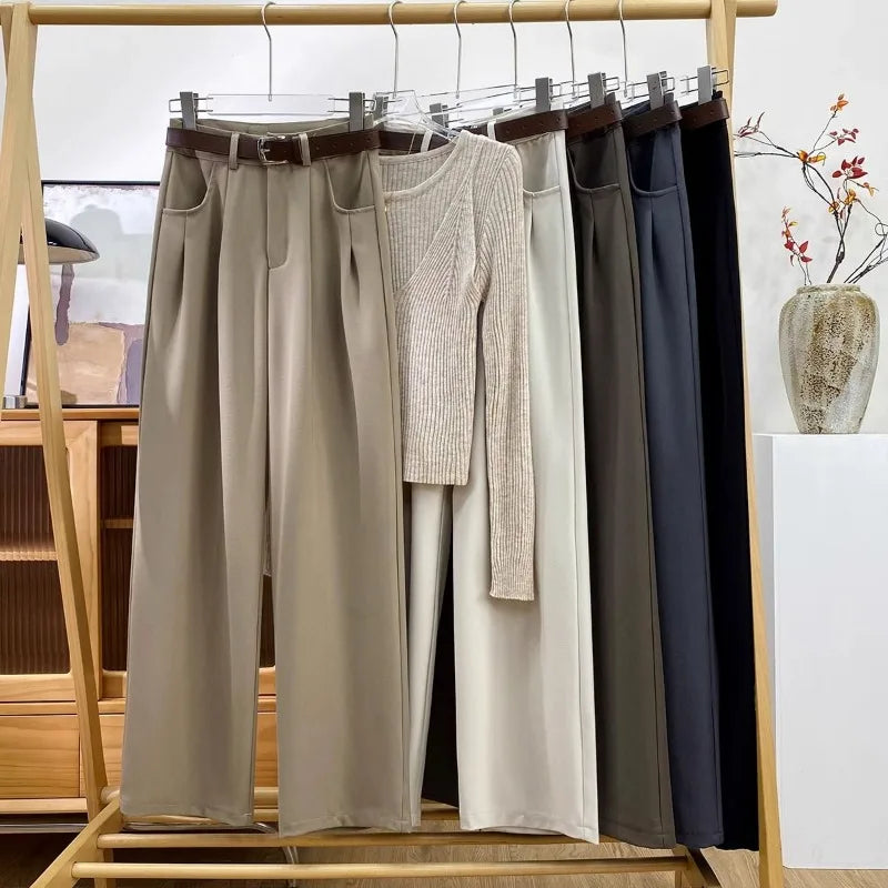 Damen Weite Hose mit Gürtel Bundfalten Elegante Freizeithose