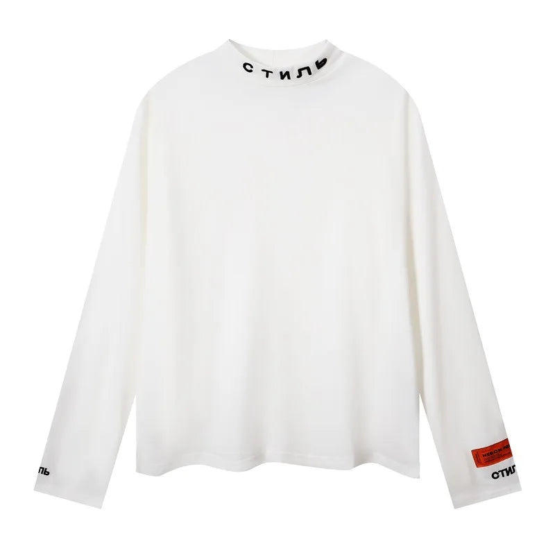 Heren shirt met lange mouwen, opstaande kraag, zwart met opschrift