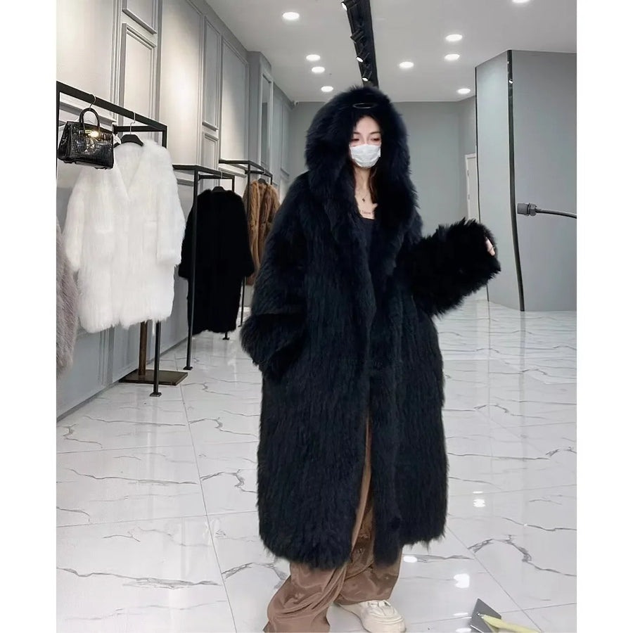 Langer Kunstpelzmantel mit Kapuze für Damen, Winter, Weiches Material, Farbe nach Wahl