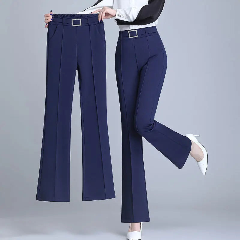 Damesbroek met wijde pijpen, hoge taille en riemgesp, elegante zakelijke broek
