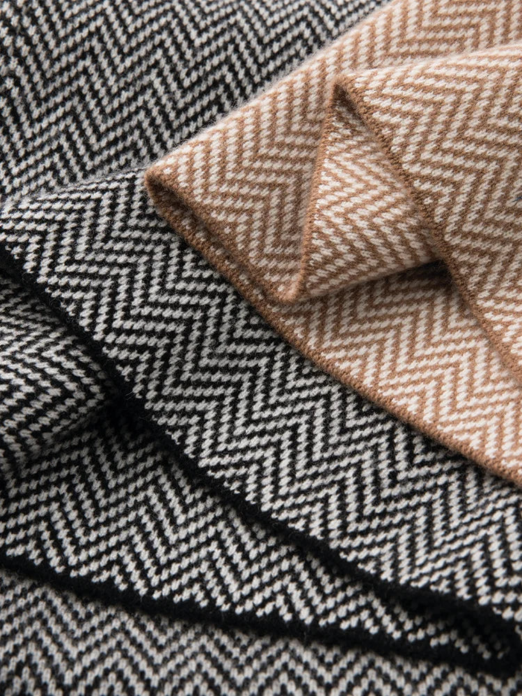 Wijde gebreide broek met visgraatpatroon en elastische tailleband
