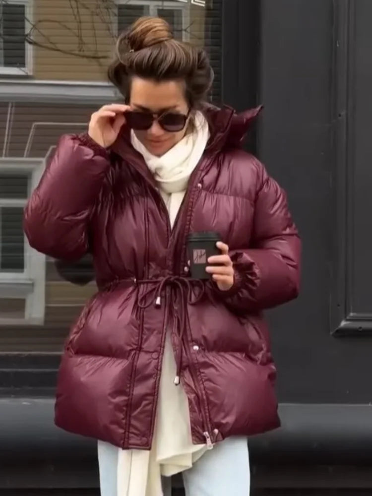 Damen Pufferjacke mit Gürtel Winter Jacke Stehkragen