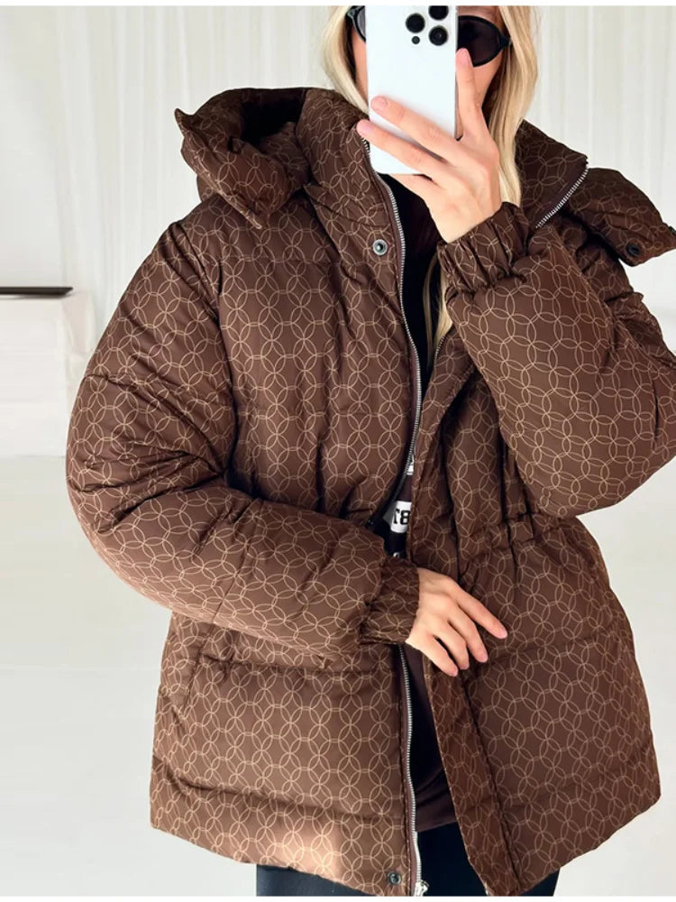 Damen Steppjacke mit Kapuze und Kordelzug, Braun/Beige/Schwarz