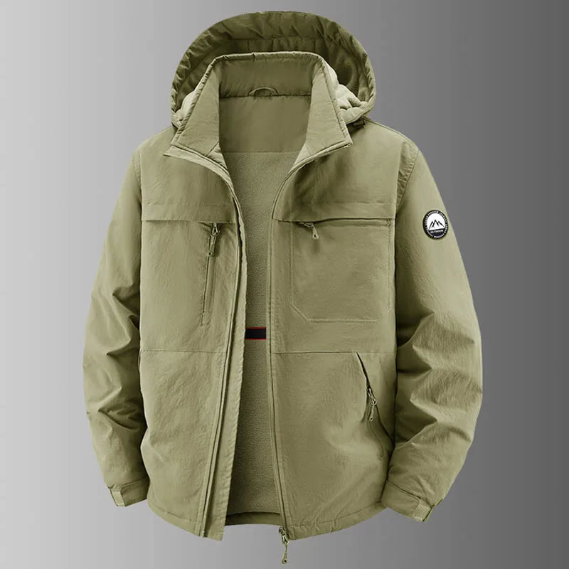 Herren Outdoor Jacke mit Kapuze & Reißverschluss, Mehrere Taschen, Fleece-Futter, Warm