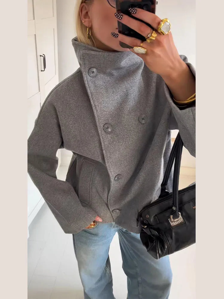 Kurze Damenjacke mit Stehkragen, Zweireiher, Grau oder Schwarz, Lockere Passform