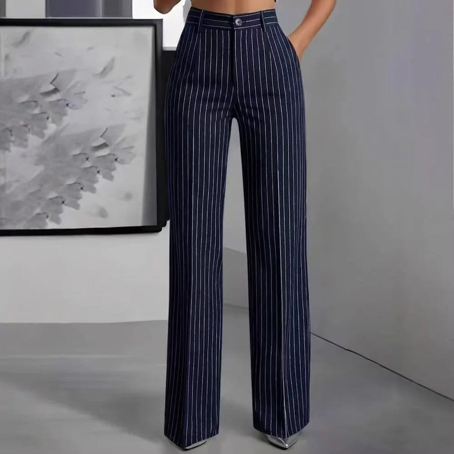 Damen Marlenehose mit weitem Bein & hoher Taille, gestreift