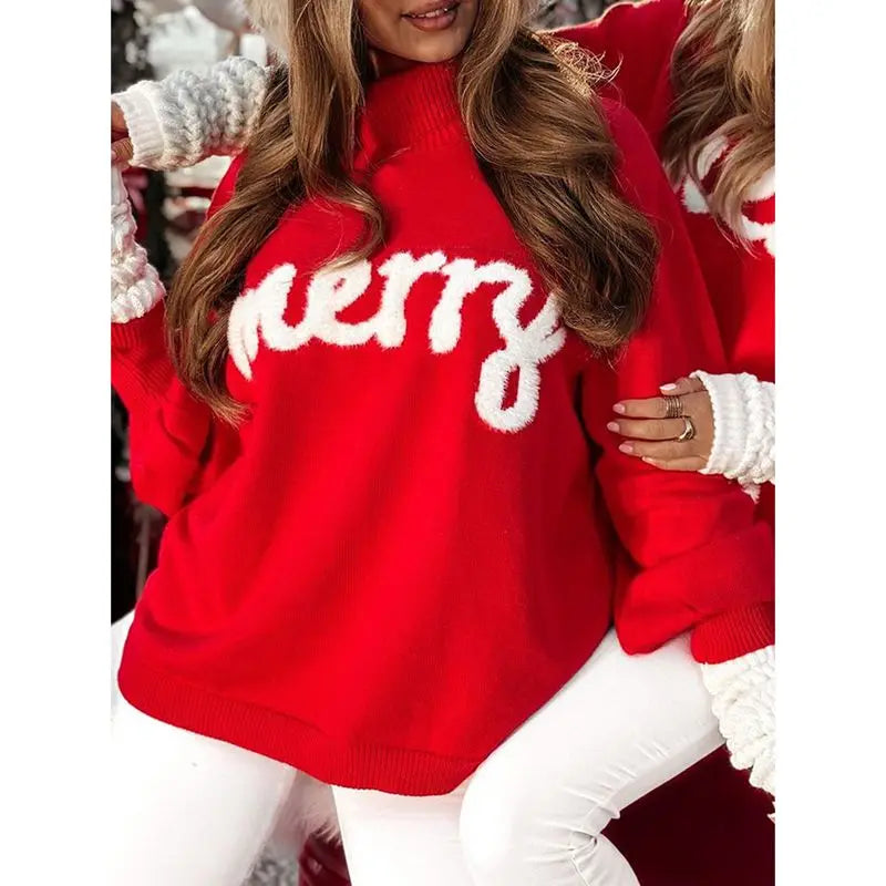 Rode gebreide damespullover met opschrift "Merry", opstaande kraag en kerstmotief