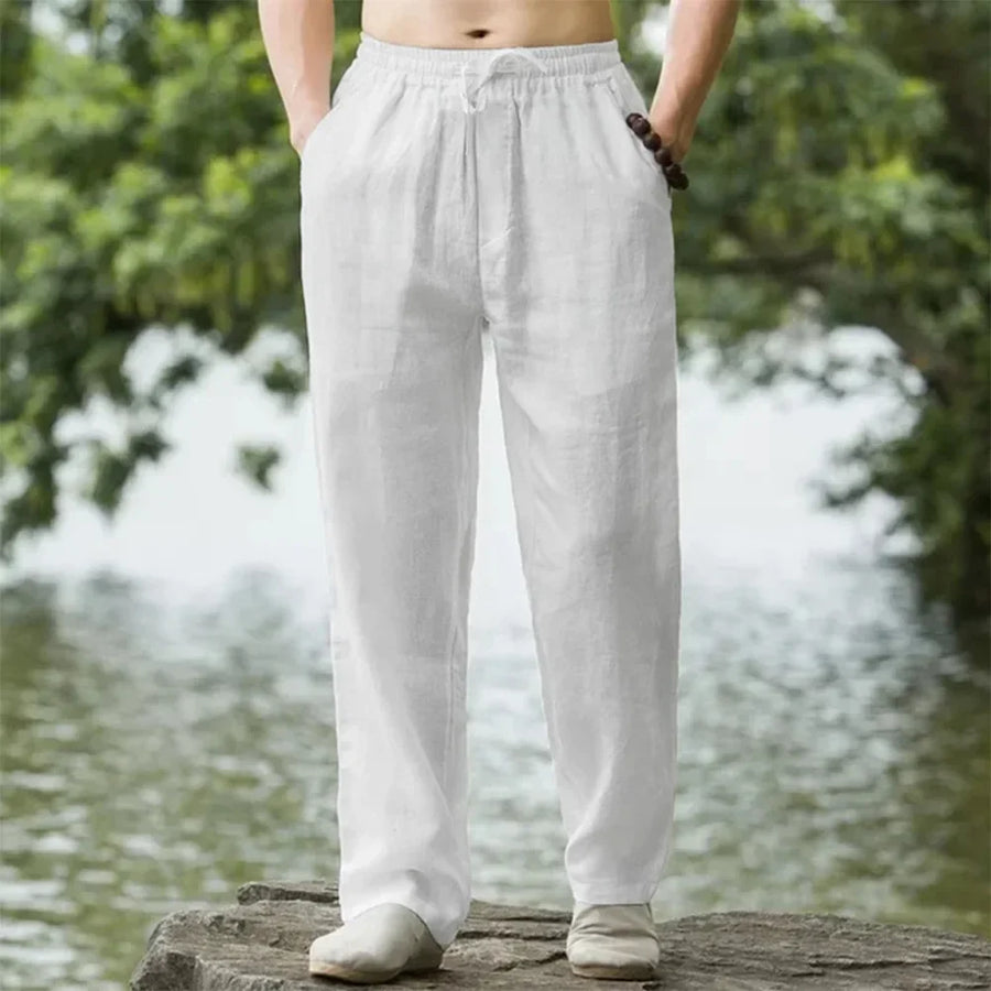 Unisex Leinenhose mit Gummibund & Kordelzug, beige, weites Bein, lockere Passform