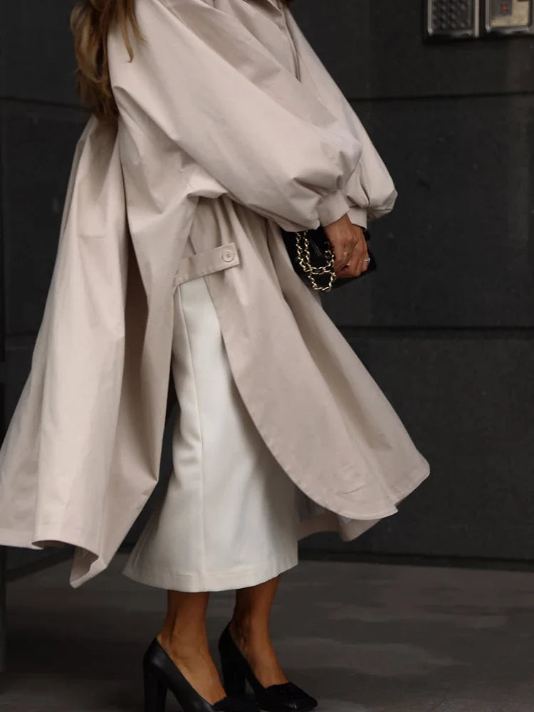 Damen Oversize Trenchcoat mit Ballonärmeln und Bindegürtel