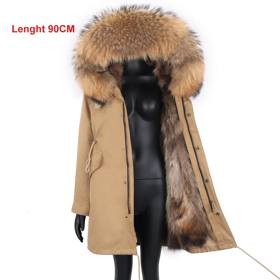 Parka mit Fellkapuze & Fellfutter langer Wintermantel Damen