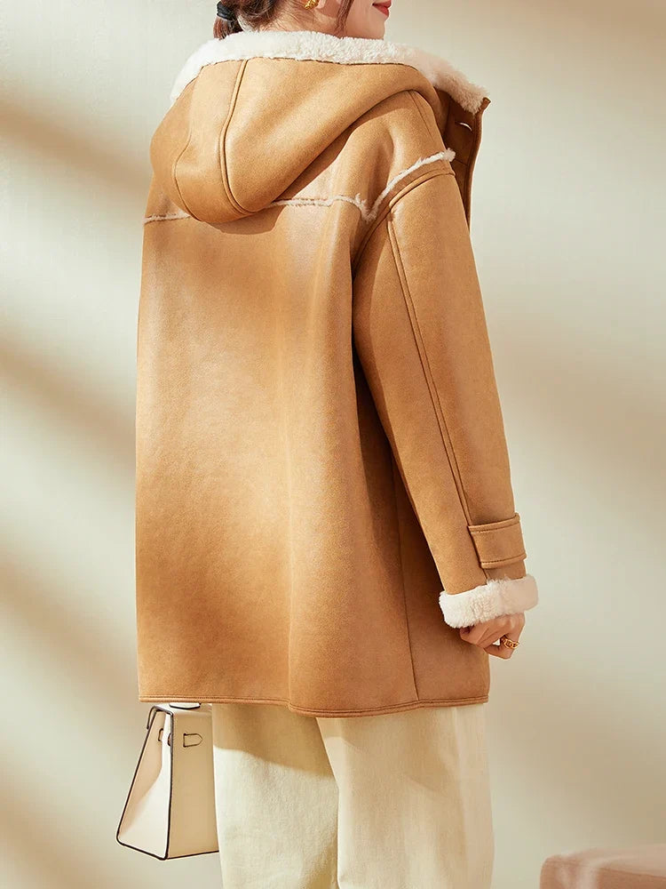 Damen Dufflecoat mit Kapuze und Knebelverschlüssen in Camel