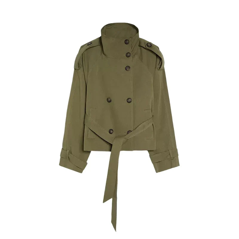 Damen Kurzjacke Stehkragen Gürtel Doppelreiher – Elegante Übergangsjacke