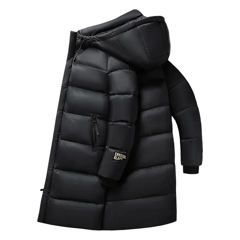 Langer Schwarzer Steppmantel mit Kapuze für Herren Winter Warm Parka