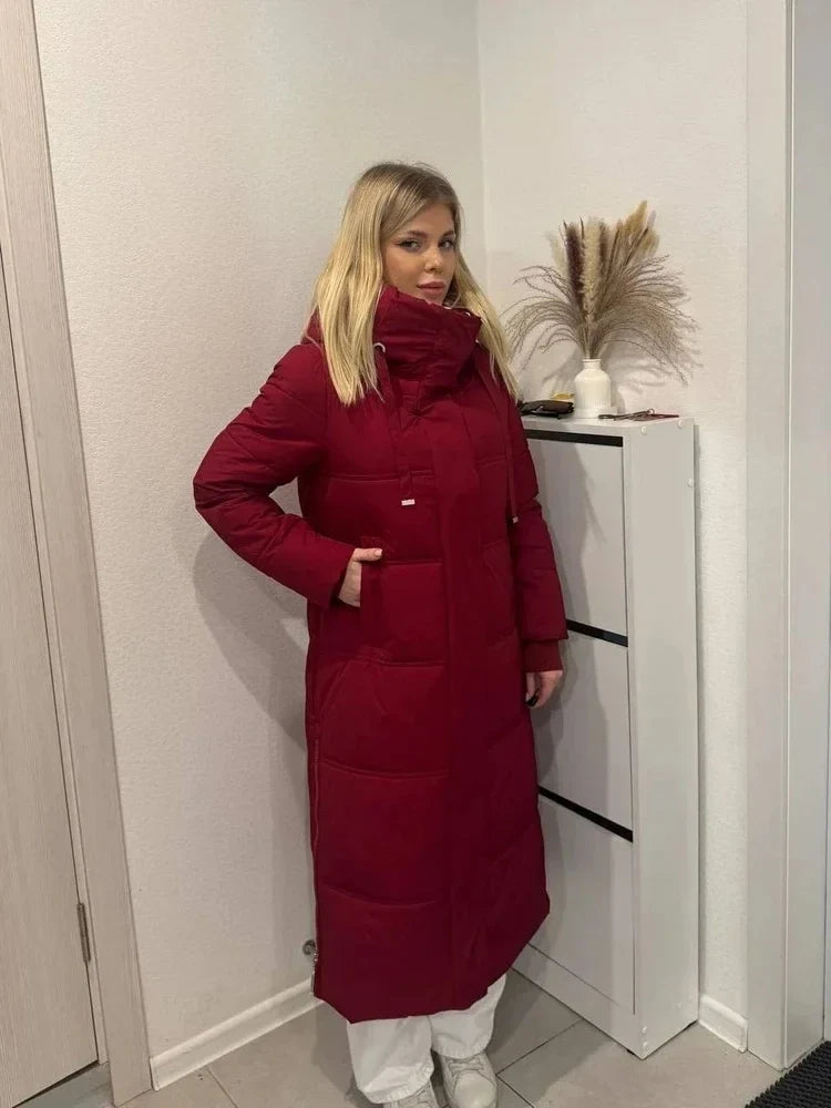Damen Langer Steppmantel mit Kapuze Rot