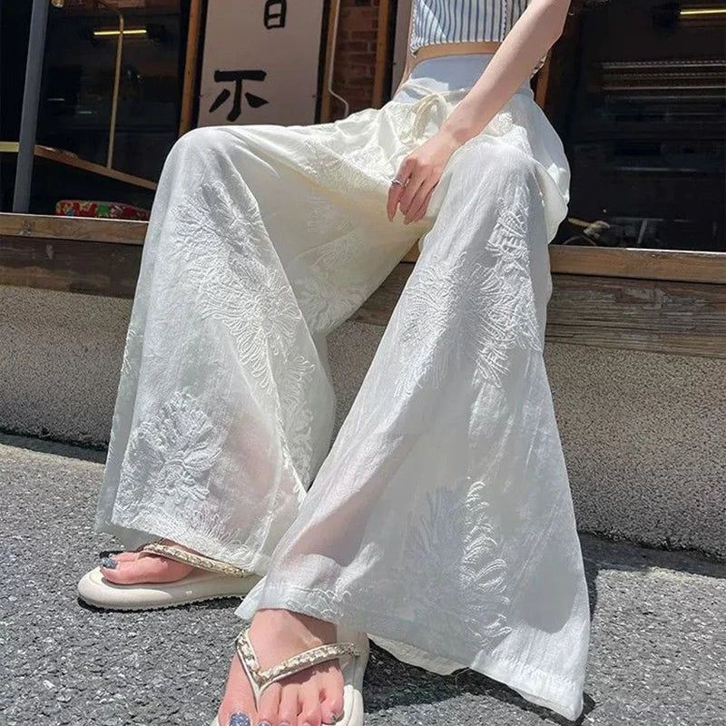 Dames witte wijde broek met borduursel, high waist en trekkoord, zomer-palazzobroek