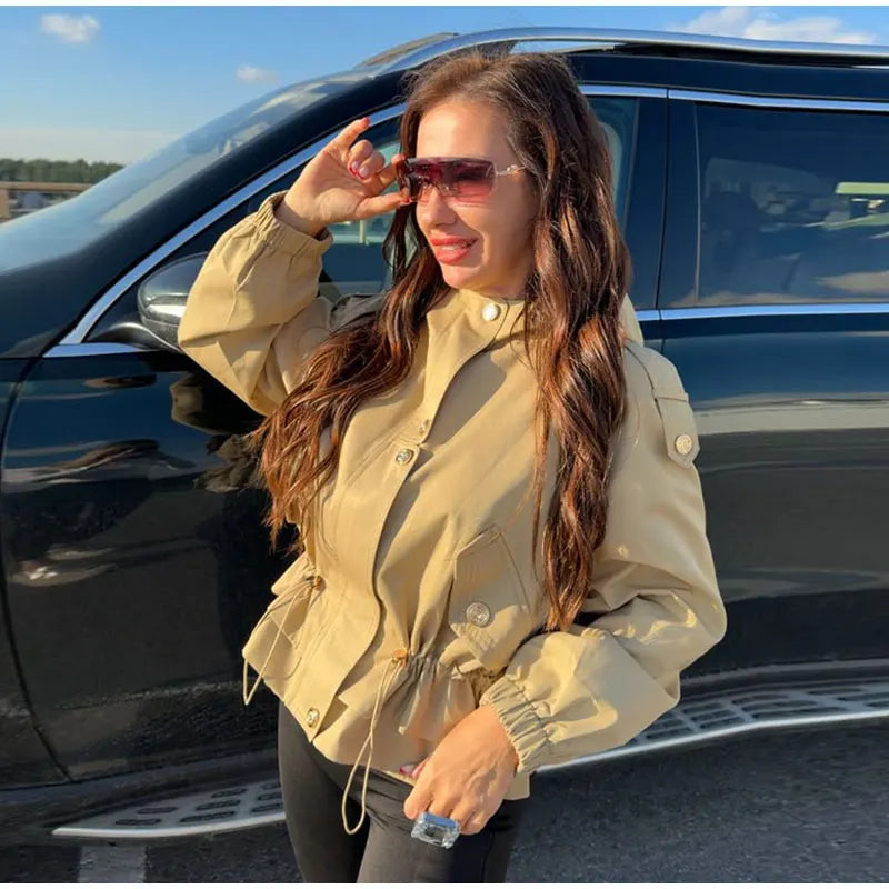 Damen Jacke im Blouson-Stil mit elastischem Bund und goldenen Knöpfen