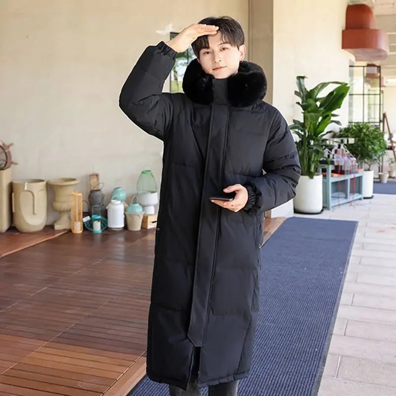 Unisex Langer Steppmantel mit Kapuze und Fellimitatbesatz