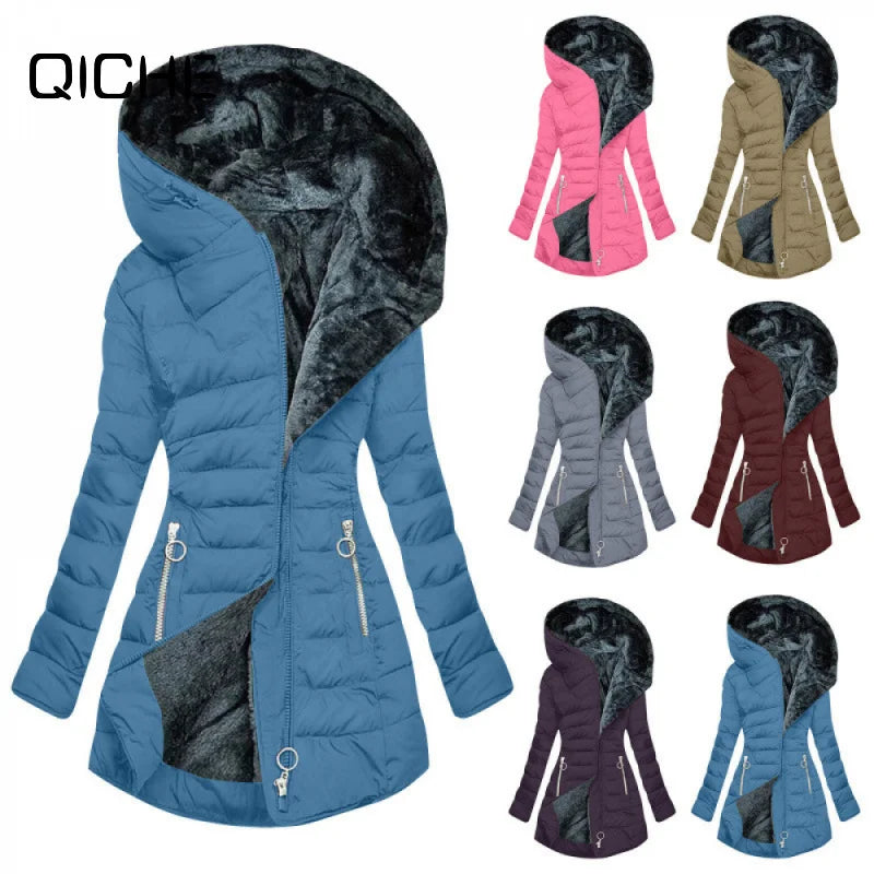Damen Steppjacke mit Kapuze, gefüttert, Reißverschlusstaschen, Winterjacke