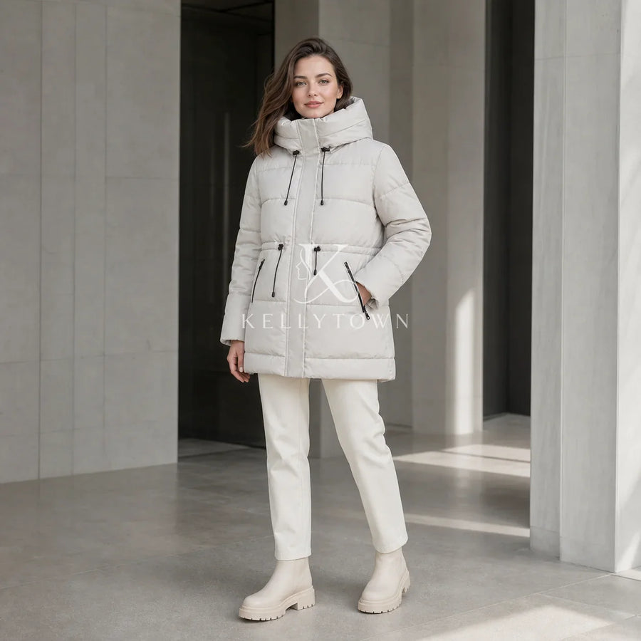 Damen Winter Steppjacke mit Kapuze und Kordelzug