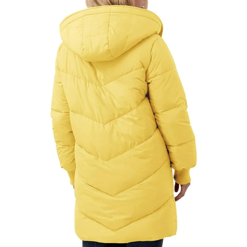 Damen Langer Steppmantel mit Kapuze und Teddyfutter, Winter Warme Jacke