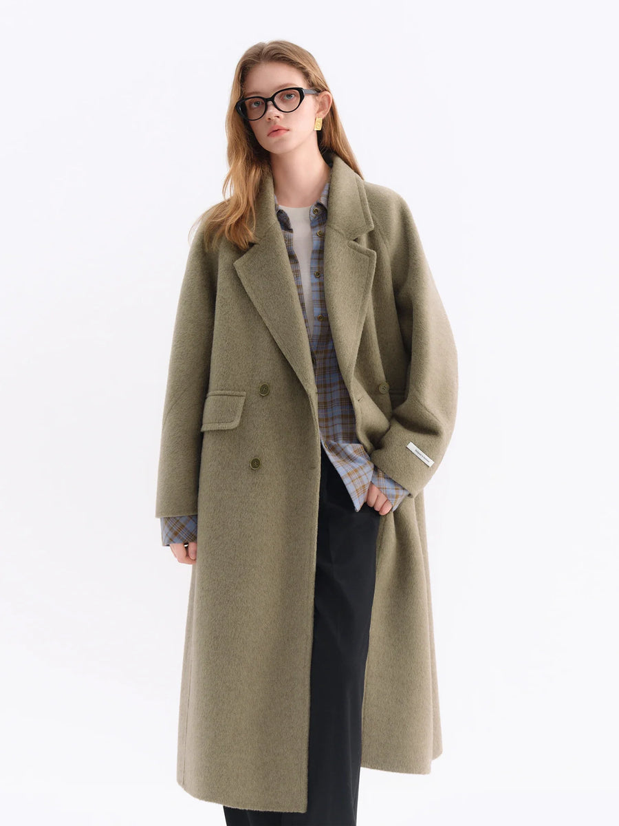 Damen Langer Mantel Zweireihig mit Reverskragen und Taschen Grün