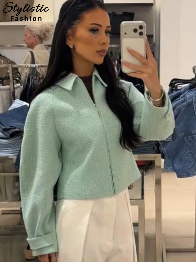 Damen Kurzjacke mit Reißverschluss und Kragen in Mintgrün