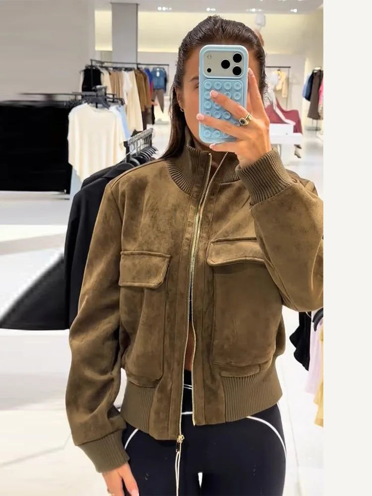 Damen Bomberjacke im Wildleder-Look mit Stehkragen und Reißverschluss