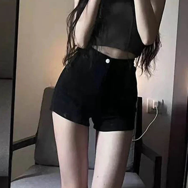 Korte zwarte damesshorts met hoge taille, denimlook