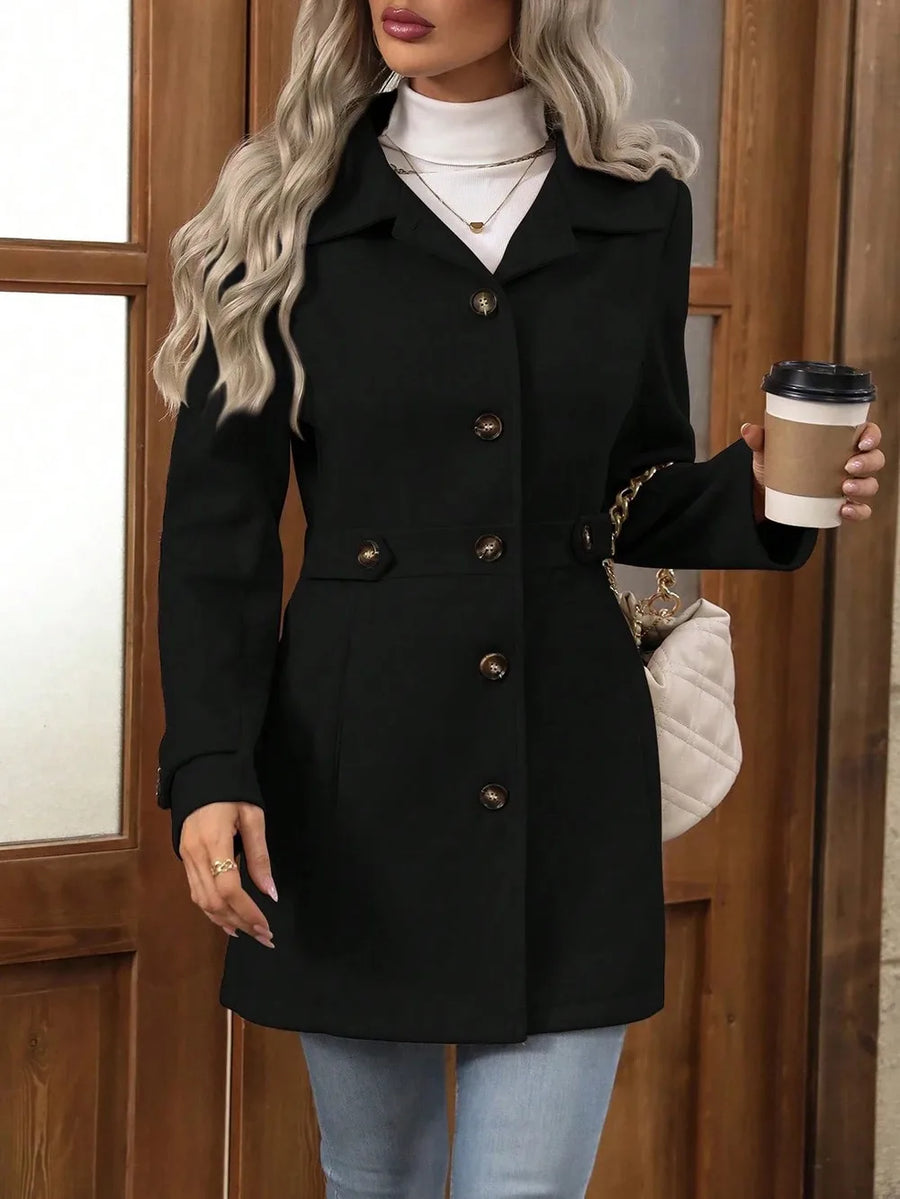 Damen Kurzmantel Grau mit Knöpfen & Taillengürtel-Details, Langarm Jacke