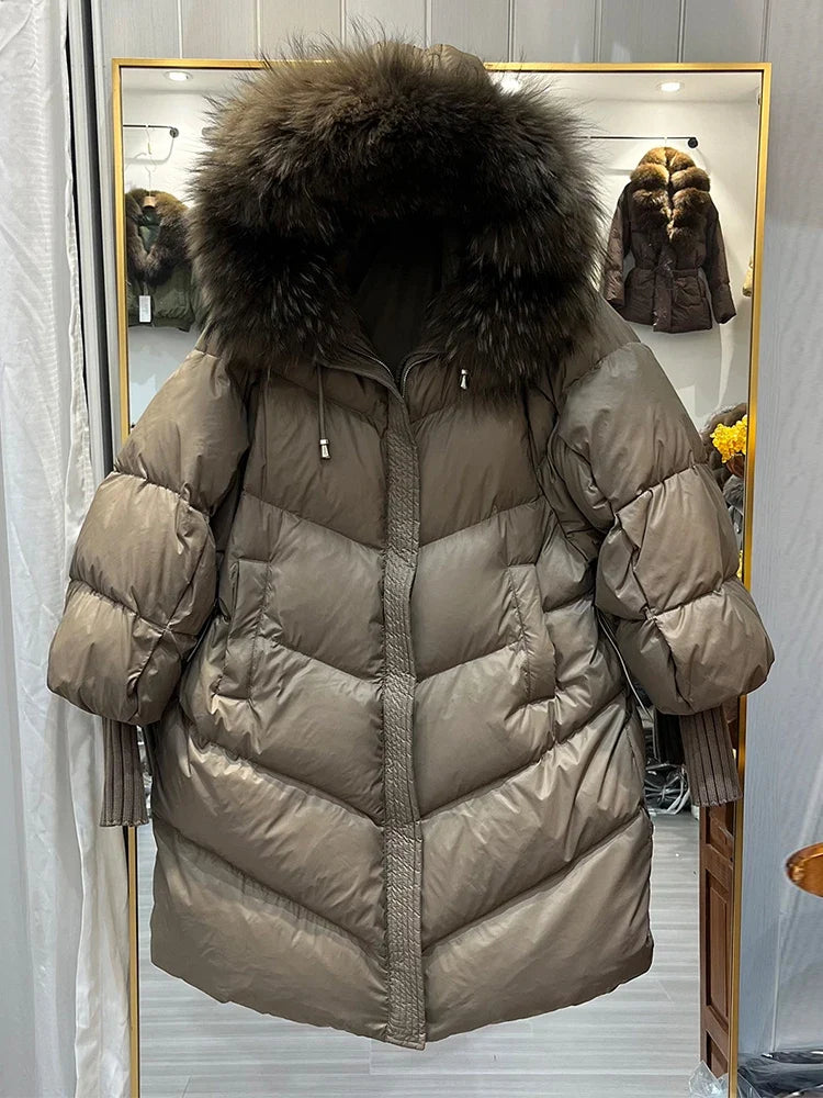 Damen Pufferjacke mit großer Kapuze und Pelzbesatz, Langarm, Khaki