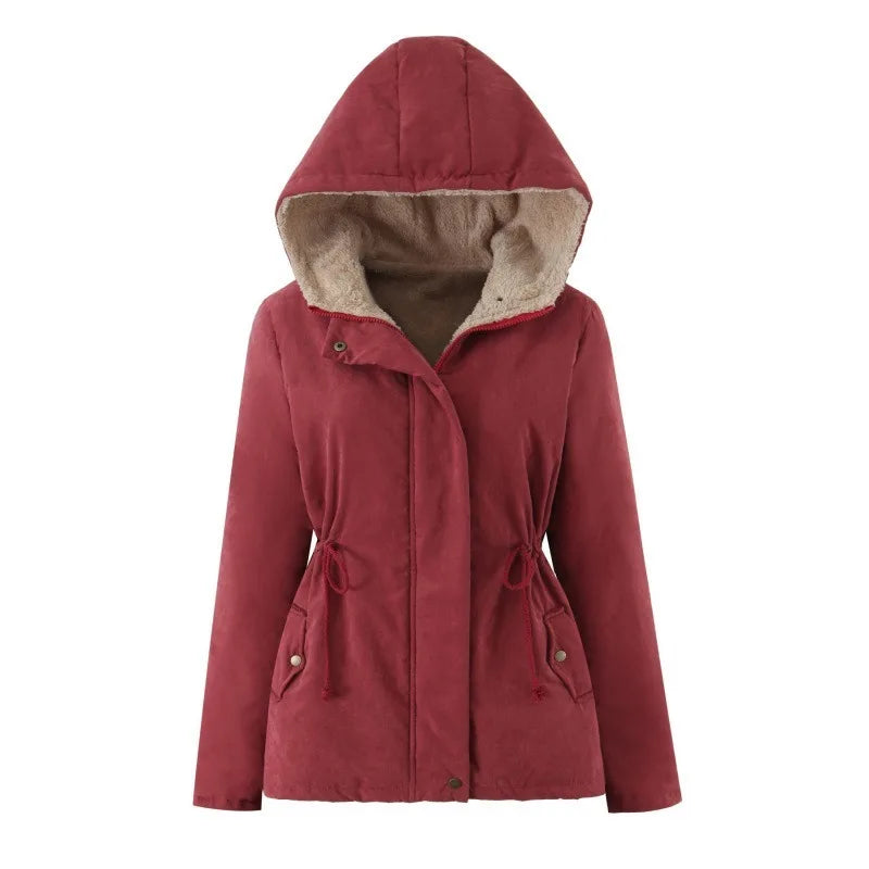 Damen Winterjacke mit Kapuze, Teddyfutter und Kordelzug in der Taille