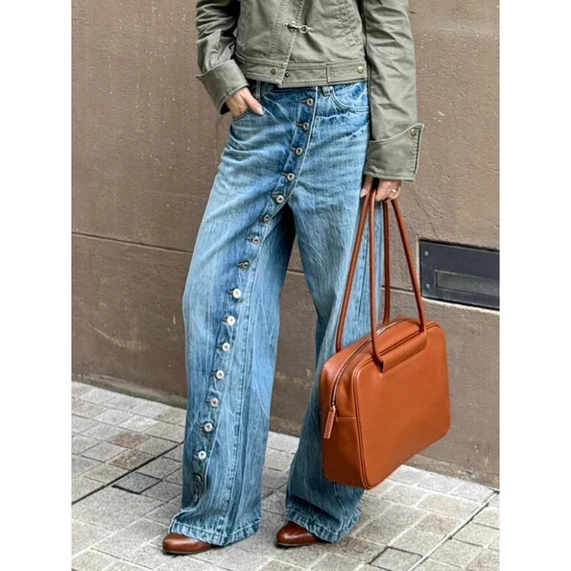 Loose Fit Jeans Damen Hellblau Weites Bein Knöpfe