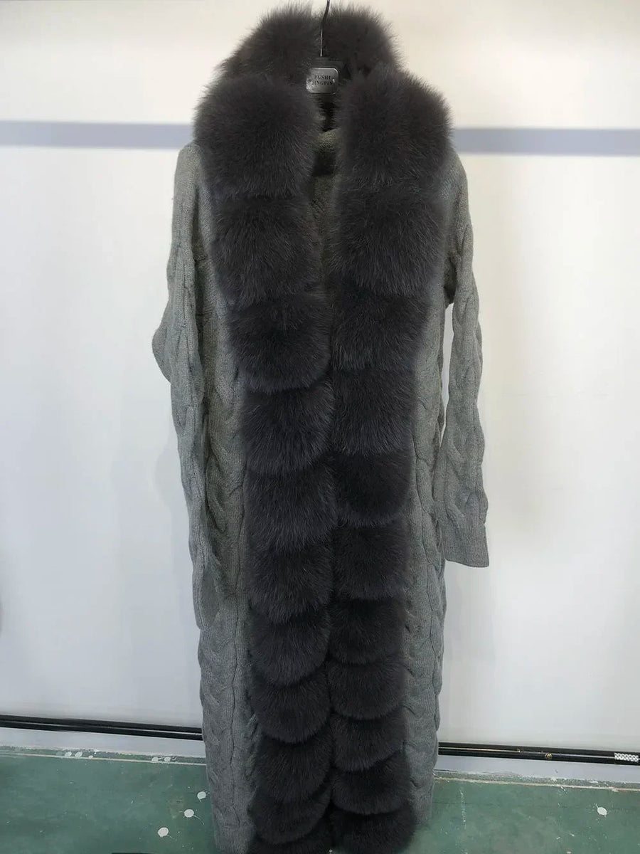 Damen Strickmantel lang mit Kunstpelzbesatz