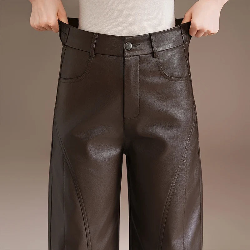 Dameswijde broek met wijde pijpen in lederlook - elegant, hoog getailleerd, bruin of zwart