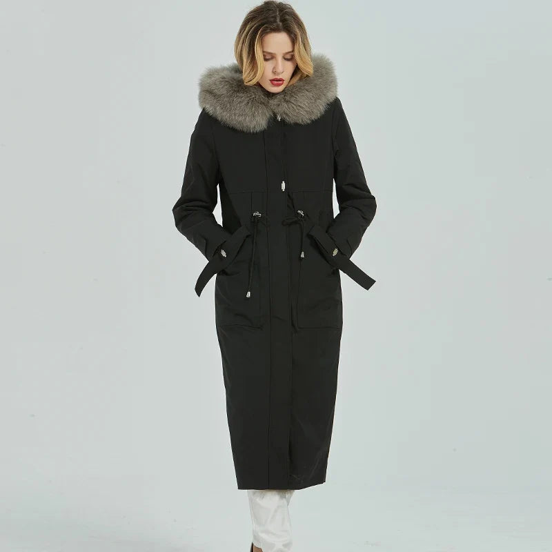 Langer Winterparka Damen Schwarz mit Kapuze und Fellimitat-Futter