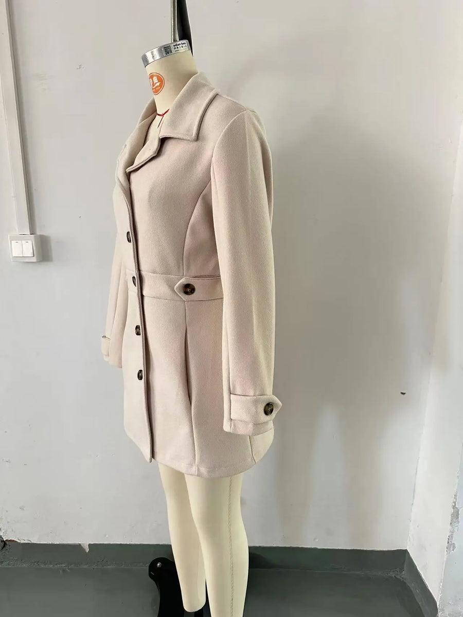 Damen Kurzmantel Grau mit Knöpfen & Taillengürtel-Details, Langarm Jacke