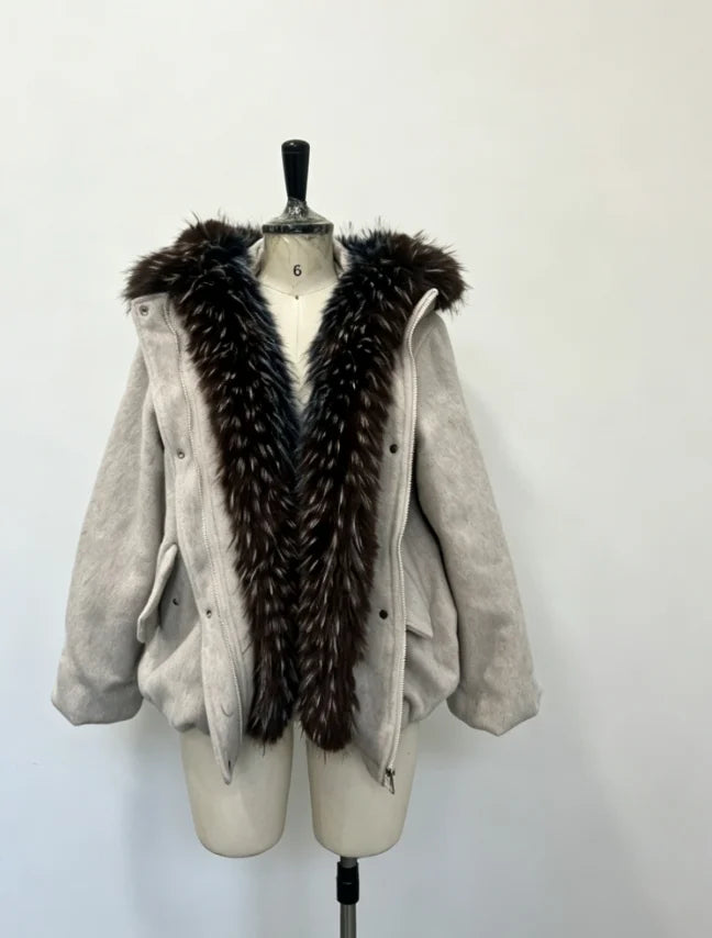 Damen Jacke Kurz Winterjacke mit Kunstpelzkragen Reißverschluss Grau