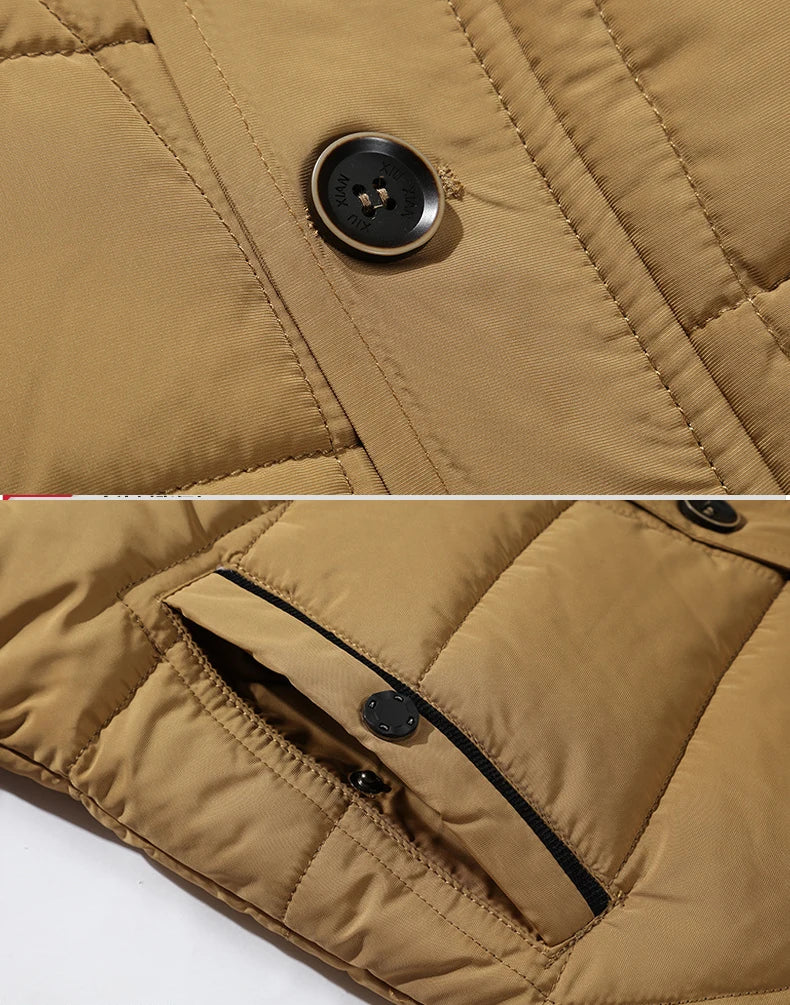 Herren Winterjacke mit Kapuze, Pelzbesatz und Knöpfen – Gefütterte Steppjacke