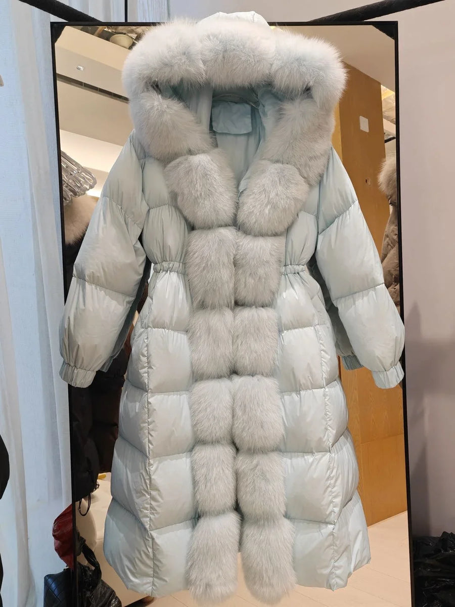 Damen Steppmantel Lang mit Kapuze und Pelzbesatz Winterjacke