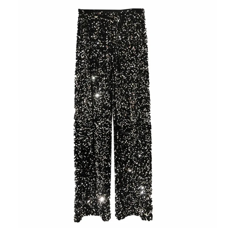 Damesbroek met wijde pijpen, glitter en pailletten, feestelijk en geschikt voor feestjes, hoge taille