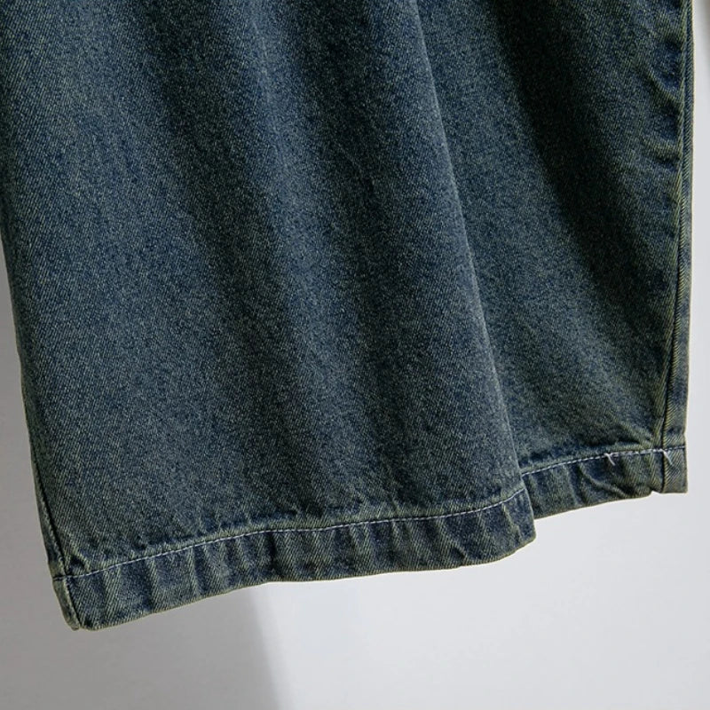 Damen Jeanshose Weites Bein Hohe Taille Waschung Dunkelblau