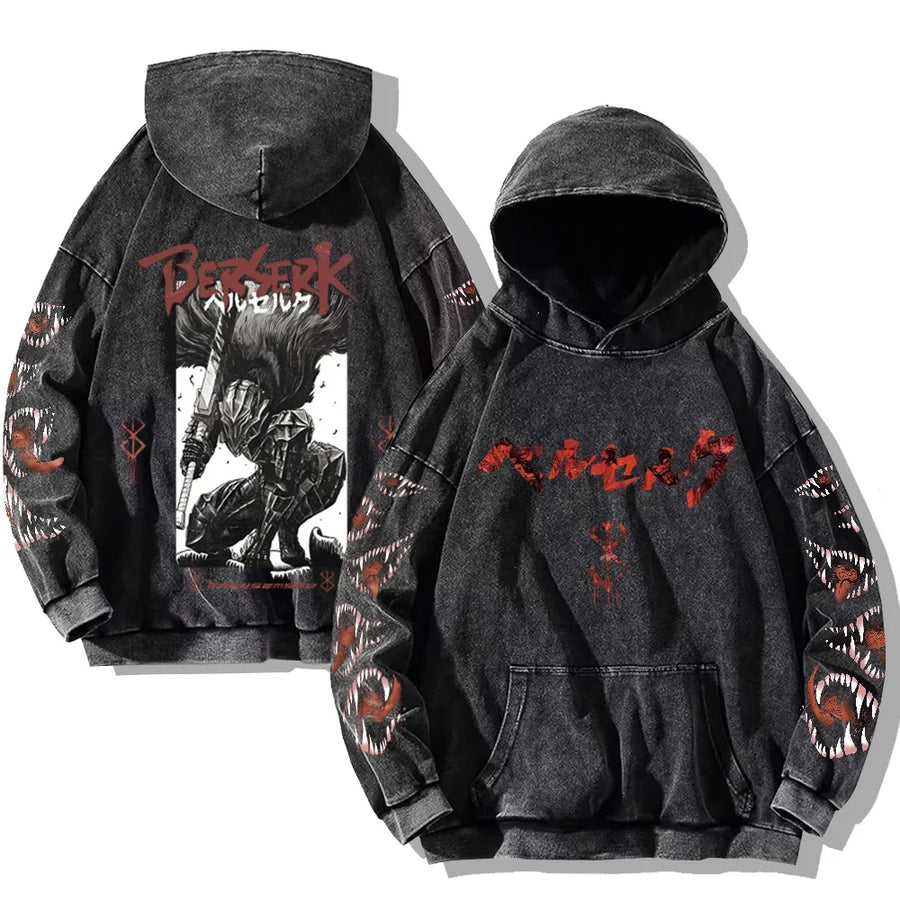 Vintage hoodie met capuchon en kangoeroezak – Berserk-print