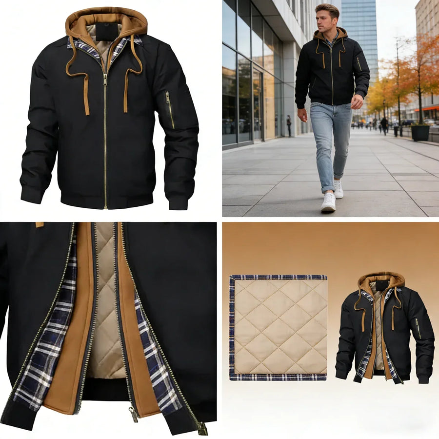 Herren Bomberjacke mit Kapuze, gesteppt, Schwarz