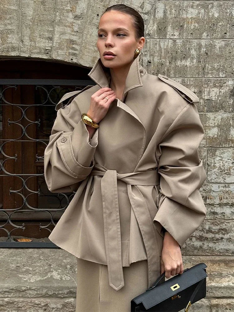 Damen Oversize Trenchcoat Mantel Lang Glockenärmel Stehkragen Gürtel Freizeit Jacke