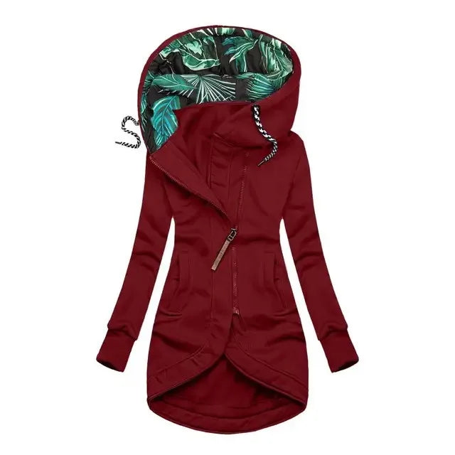 Damen Hoodie Jacke mit asymmetrichem Reißverschluss und Tropenmuster-Kapuzenfutter