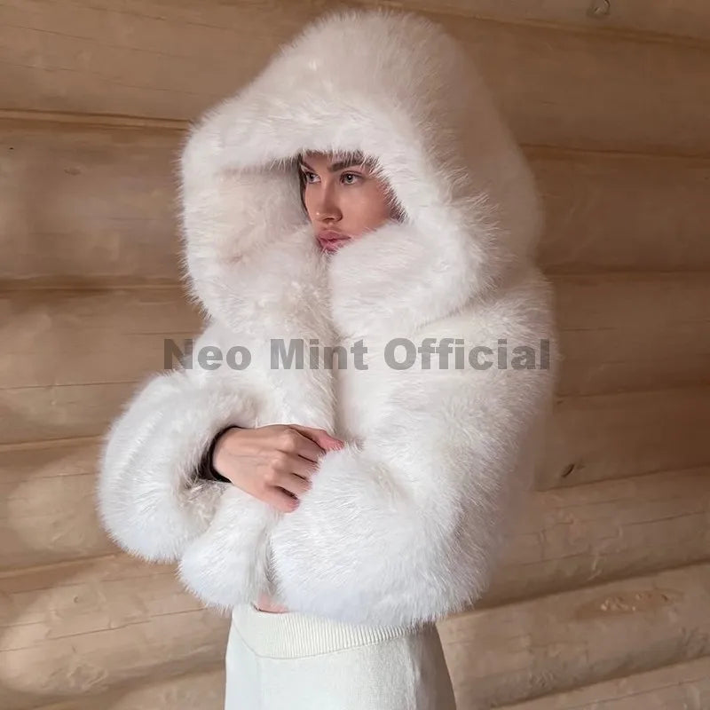 Damen Winterjacke Kunstfell mit Kapuze, kurz, Weiß