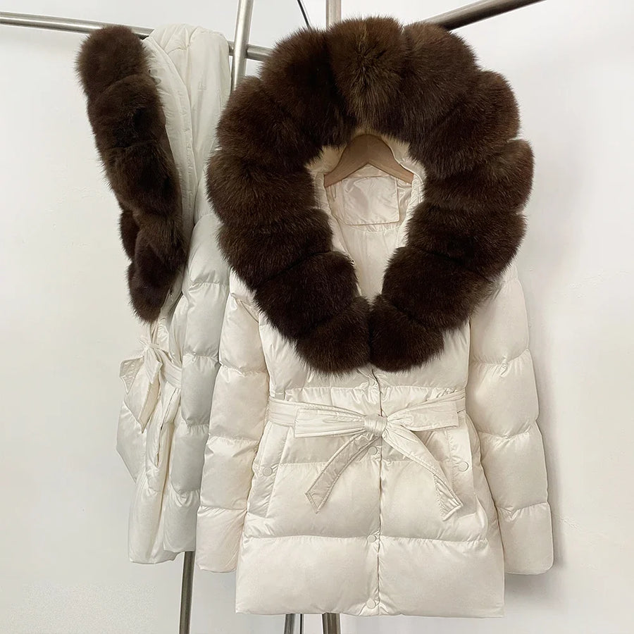 Damen Daunenjacke mit Kunstpelzkragen und Bindegürtel, warme Winterjacke