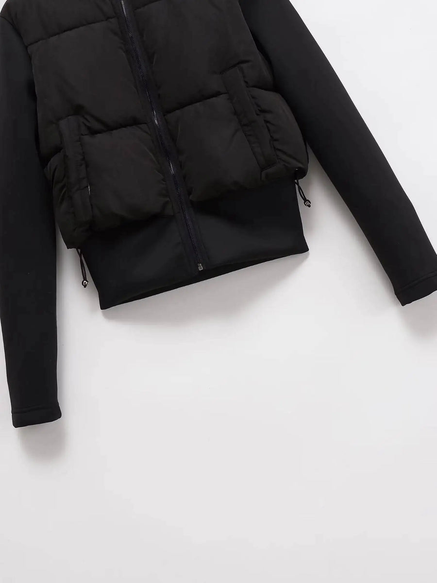 Kurze Damen Pufferjacke mit Kapuze – Gepolstert, Schwarz