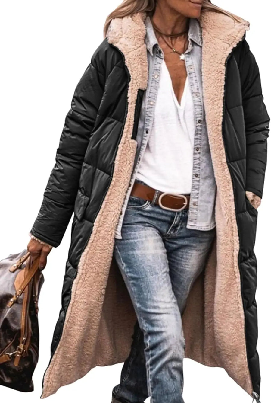 Damen Langer Steppmantel mit Teddyfutter & Kapuze