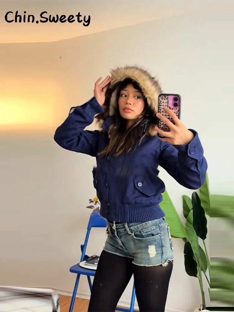 Damen Bomberjacke mit Kapuze und Kunstpelzbesatz